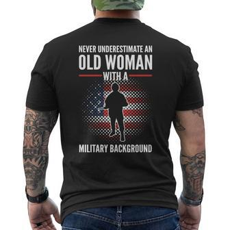 Never Underestimate An Old Woman With A Military Background Mens Back Print T-shirt - Seseable