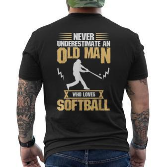 Never Underestimate Old Man Who Love Softball Mens Back Print T-shirt - Seseable