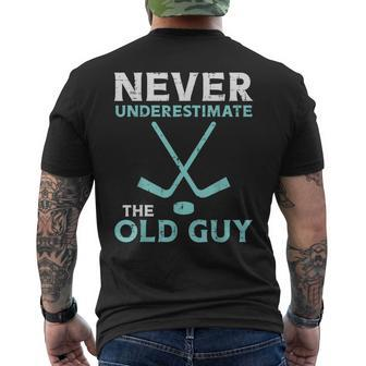 Never Underestimate The Old Guy Ice Hockey Funny Fathers Day Gift For Mens Mens Back Print T-shirt - Seseable