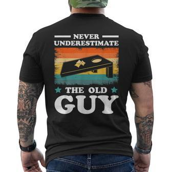 Never Underestimate The Old Guy Sack Toss Cornhole Mens Back Print T-shirt | Mazezy