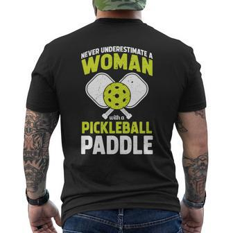Never Underestimate Woman With Pickleball Paddle Funny Gift Mens Back Print T-shirt - Seseable