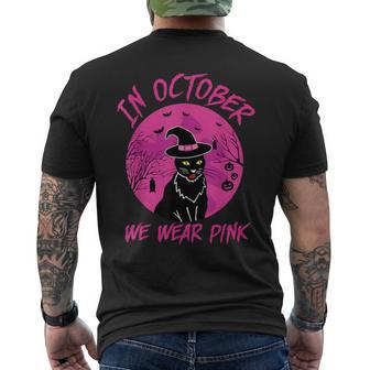 In October We Wear Pink Black Cat Halloween Breast Cancer Men's T-shirt Back Print - Monsterry