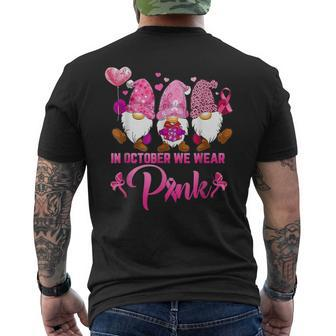 In October We Wear Pink For Breast Cancer Awareness Gnomes Men's T-shirt Back Print - Seseable