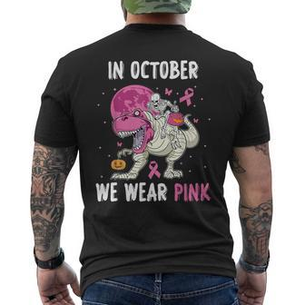 In October We Wear Pink Breast Cancer Dino Pumpkin Halloween Men's T-shirt Back Print - Seseable