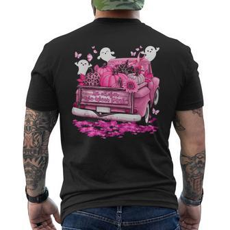 October We Wear Pink Ghosts Pumpkins Breast Cancer Halloween Men's T-shirt Back Print | Mazezy