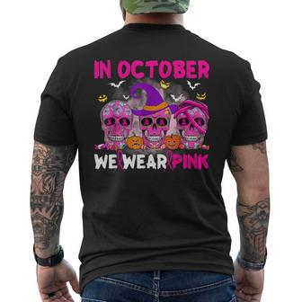 In October We Wear Pink Ribbon Halloween Breast Cancer Men's T-shirt Back Print | Mazezy