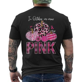 In October We Wear Pink Ribbon Leopard Pumpkin Breast Cancer Men's T-shirt Back Print - Seseable