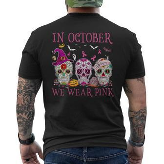 In October We Wear Pink Sugar Skull Breast Cancer Awareness Men's T-shirt Back Print - Monsterry