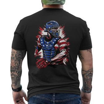 Patriotic Baseball Catcher Vintage American Flag 4Th Of July  Mens Back Print T-shirt