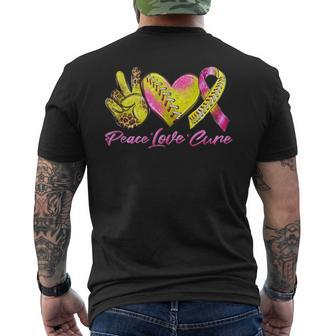 Peace Love Cure Pink Ribbon Softball Breast Cancer Awareness Men's T-shirt Back Print - Seseable