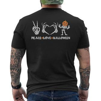 Peace Love Halloween Happy Halloween Pumpkin Skeleton Hands Men's T-shirt Back Print - Monsterry