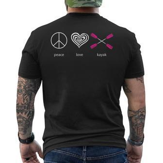 Peace Love Kayak Funny Water Sport Mens Back Print T-shirt | Mazezy