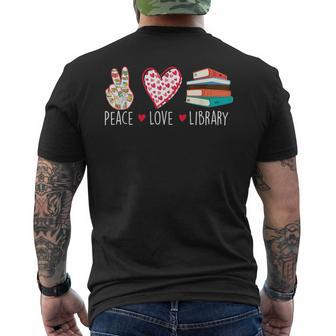 Peace Love Library School Librarian Book Reader Cataloger Mens Back Print T-shirt | Mazezy
