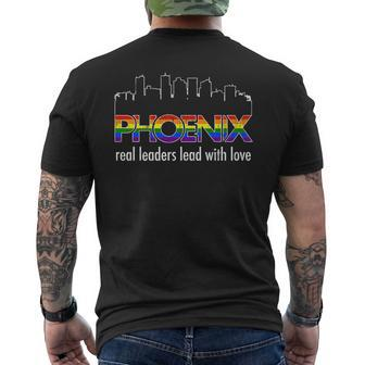 Phoenix Pride Lgtb Real Leaders Lead With Love Mens Back Print T-shirt | Mazezy