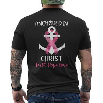 Pink Breast Cancer Quote Anchored In Christ Faith Hope Love Men's T-shirt Back Print | Mazezy