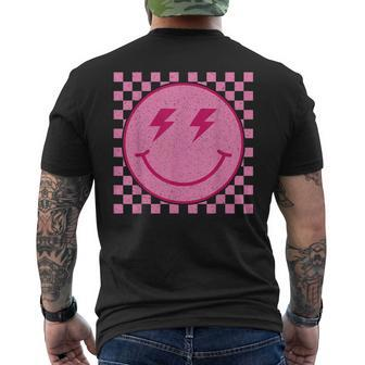 Pink Happy Face Checkered Pattern Smile Face Trendy Smiling Men's T-shirt Back Print - Seseable