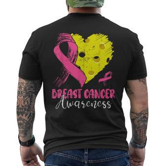 Pink Ribbon & Pickleball Ball Heart Breast Cancer Warrior Men's T-shirt Back Print | Mazezy