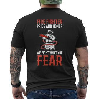 Pride And Honor Dedicated Firefighter Mens Back Print T-shirt | Mazezy