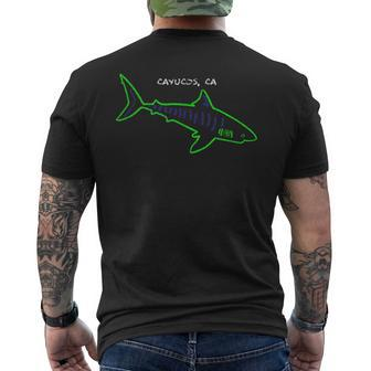 Retro 80S Style Cayucos Ca Abstract Shark Men's T-shirt Back Print | Mazezy