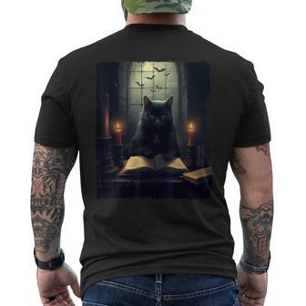 Retro Black Cat Reading Book Vintage Halloween Book Lover Men's T-shirt Back Print - Seseable