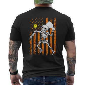 Retro Skeleton Playing Pickleball Usa Flag Halloween Boys Men's T-shirt Back Print - Seseable