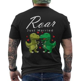 Roar Just Married Kissing Trex Valentines Day Honeymoon Mens Back Print T-shirt - Monsterry DE