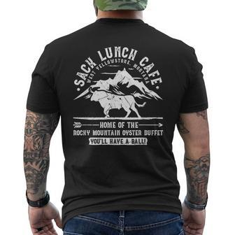 Sack Lunch Cafe Funny Rocky Mountain Oysters Montana Mens Back Print T-shirt | Mazezy