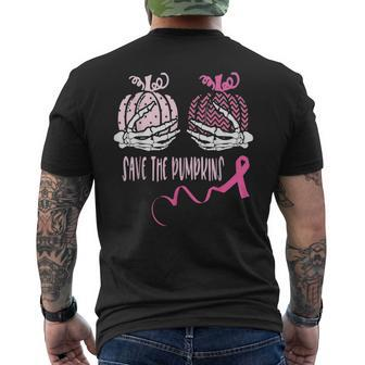 Save The Pumpkin Boobs Skeleton Hand Halloween Breast Cancer Men's T-shirt Back Print | Mazezy