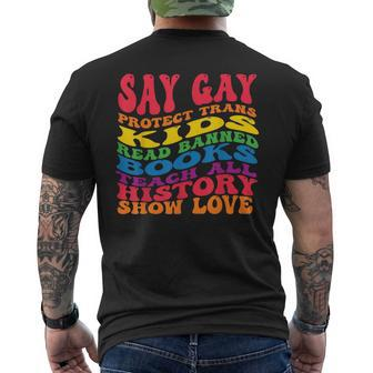 Say Gay Protect Trans Kids Read Banned Books Groovy  Mens Back Print T-shirt