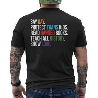 Say Gay Protect Trans Kids Read Banned Books Lgbt Pride Mens Back Print T-shirt | Mazezy
