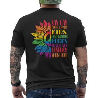 Say Gay Protect Trans Kids Read Banned Books Pride Month Mens Back Print T-shirt | Mazezy