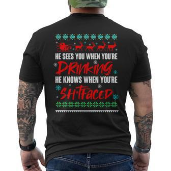 He Sees You When Drinking He Knows When You're Shitfaced Men's T-shirt Back Print - Monsterry CA