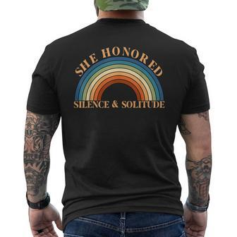 She Honored Silence And Solitude Retro Hippie Quote Men's T-shirt Back Print | Mazezy