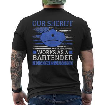 Our Sheriff Serves Justice Police Joke Police Men's T-shirt Back Print | Mazezy