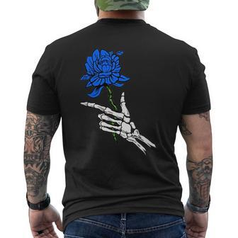 Skeleton Hand Holding A Blue Rose Mens Back Print T-shirt | Mazezy