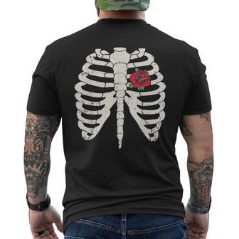Skeleton Rib Cage Red Rose Heart Vintage Halloween Goth Cute Halloween Funny Gifts Mens Back Print T-shirt | Mazezy