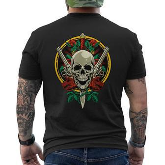 Skull Face With Roses 80S 90S Rock Music Guns And Skull Men's T-shirt Back Print | Mazezy
