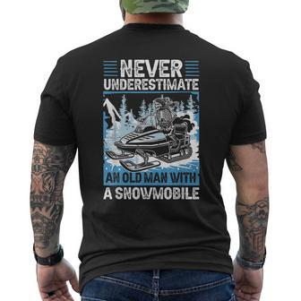 Snowmobile Never Underestimate Old Man Snowmobiling Funny Mens Back Print T-shirt - Seseable
