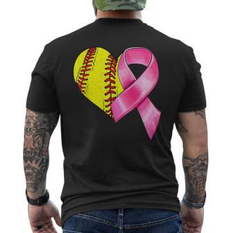 Softball Heart Pink Ribbon Warrior Breast Cancer Awareness Men's T-shirt Back Print - Seseable