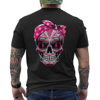 Sugar Skull Breast Cancer Awareness Pink Ribbon Calavera Men's T-shirt Back Print - Monsterry