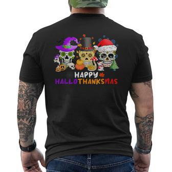 Sugar Skull Happy Hallothanksmas Halloween Thanksgiving Xmas Men's T-shirt Back Print - Seseable