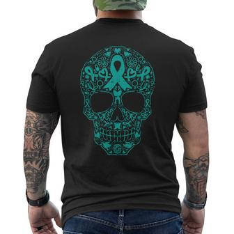 Sugar Skull Teal Ribbon Ovarian Cancer Awareness Mexican Men's T-shirt Back Print - Monsterry UK