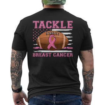 Tackle Football Pink Ribbon Warrior Breast Cancer Awareness Men's T-shirt Back Print - Seseable