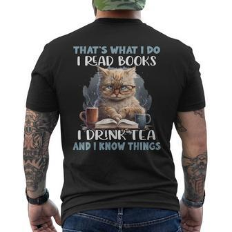 Thats What I Do I Read Books I Drink Tea Cat Funny Reading Reading Funny Designs Funny Gifts Mens Back Print T-shirt | Mazezy
