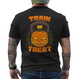 Train Or Treat Pumpkin Kettlebell Gym Workout Halloween Men's T-shirt Back Print - Monsterry AU