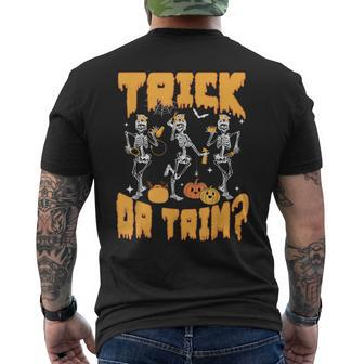 Trick Or Trim Halloween Hairstylist Skeletons And Pumpkins Men's T-shirt Back Print - Monsterry CA