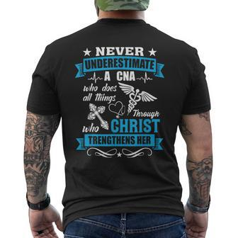 Never Underestimate A Cna Who Christ Trengthens Her Men's T-shirt Back Print | Mazezy CA