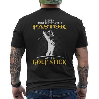 Never Underestimate Golfing Pastor Men's T-shirt Back Print - Seseable
