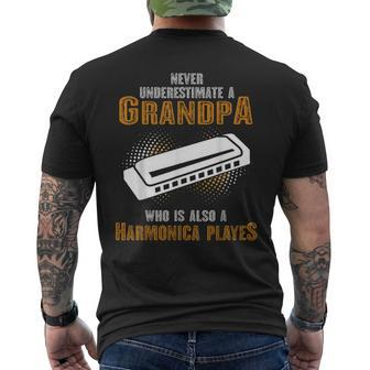Never Underestimate Grandpa Who Is Also A Harmonica Player Men's T-shirt Back Print | Mazezy