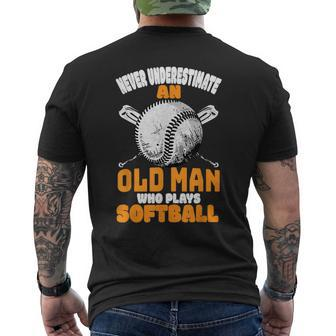 Never Underestimate Old Man Plays Softball Player Men's T-shirt Back Print - Monsterry